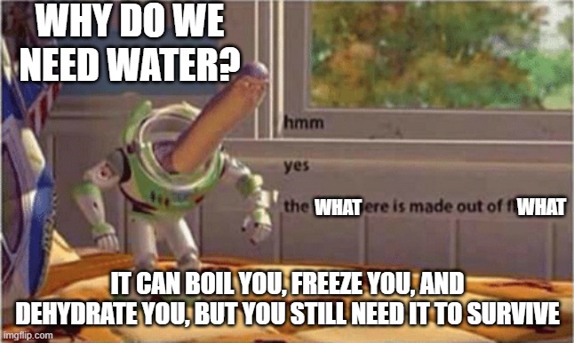 what | WHY DO WE NEED WATER? WHAT; WHAT; IT CAN BOIL YOU, FREEZE YOU, AND DEHYDRATE YOU, BUT YOU STILL NEED IT TO SURVIVE | image tagged in hmm yes the floor here is made out of floor,water,kill | made w/ Imgflip meme maker