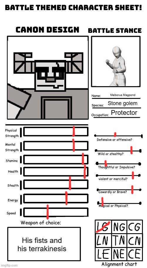 Battle Character template | Melborus Magpond; Stone golem; Protector; His fists and his terrakinesis | image tagged in battle character template | made w/ Imgflip meme maker