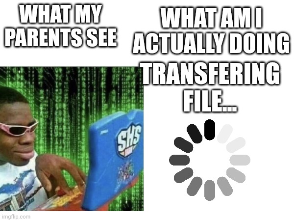 WHAT AM I ACTUALLY DOING; WHAT MY PARENTS SEE; TRANSFERING FILE... | made w/ Imgflip meme maker