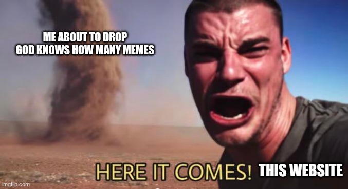 HERE IT COMES! | ME ABOUT TO DROP GOD KNOWS HOW MANY MEMES; THIS WEBSITE | image tagged in here it comes | made w/ Imgflip meme maker