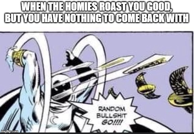 Random Bullshit Go | WHEN THE HOMIES ROAST YOU GOOD, BUT YOU HAVE NOTHING TO COME BACK WITH | image tagged in random bullshit go | made w/ Imgflip meme maker