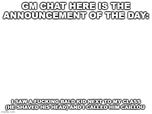 gm chat | GM CHAT HERE IS THE ANNOUNCEMENT OF THE DAY:; I SAW A FUCKING BALD KID NEXT TO MY CLASS (HE SHAVED HIS HEAD) AND I CALLED HIM CAILLOU | image tagged in random | made w/ Imgflip meme maker