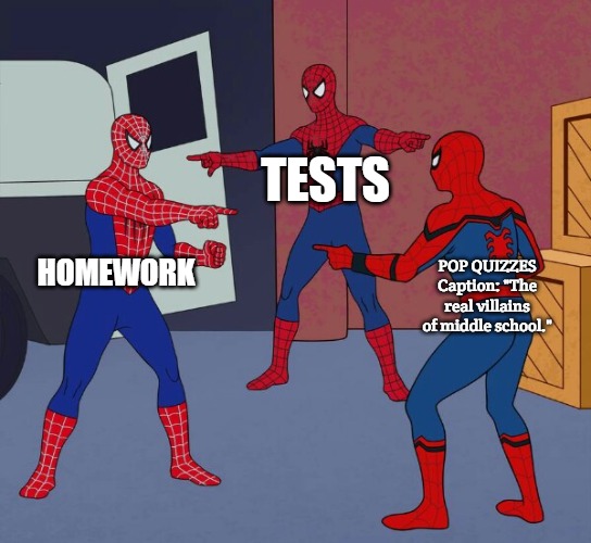 Spider Man Triple | TESTS; HOMEWORK; POP QUIZZES
Caption: "The real villains of middle school." | image tagged in spider man triple,slavic lives matter | made w/ Imgflip meme maker