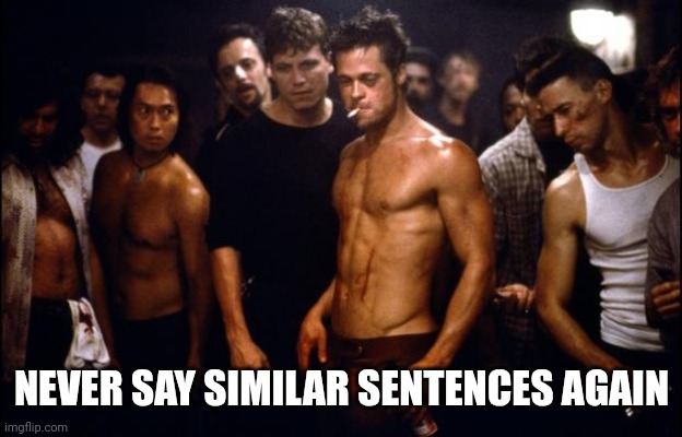 Fight Club Template  | NEVER SAY SIMILAR SENTENCES AGAIN | image tagged in fight club template | made w/ Imgflip meme maker