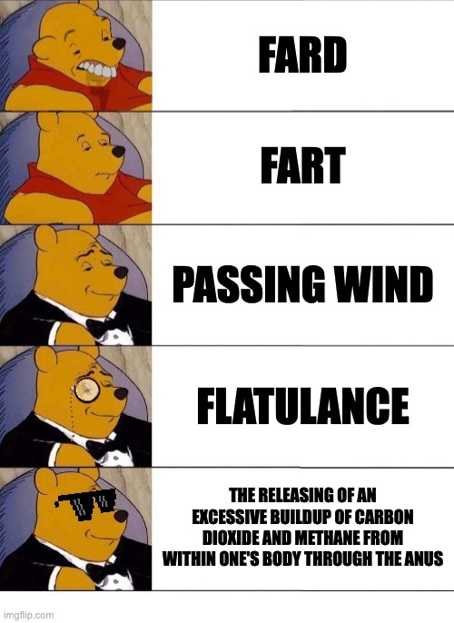 Winnie the Pooh v.20 | FARD; FART; PASSING WIND; FLATULANCE; THE RELEASING OF AN EXCESSIVE BUILDUP OF CARBON DIOXIDE AND METHANE FROM WITHIN ONE'S BODY THROUGH THE ANUS | image tagged in winnie the pooh v 20,memes,funny,winnie the pooh,fart,fancy | made w/ Imgflip meme maker