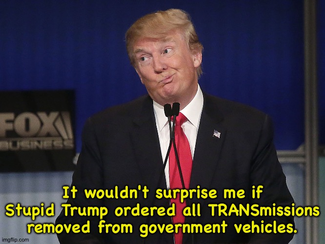 How dense is this guy? | It wouldn't surprise me if Stupid Trump ordered all TRANSmissions removed from government vehicles. | image tagged in stupid donald trump pressumptive american president hi-rez | made w/ Imgflip meme maker