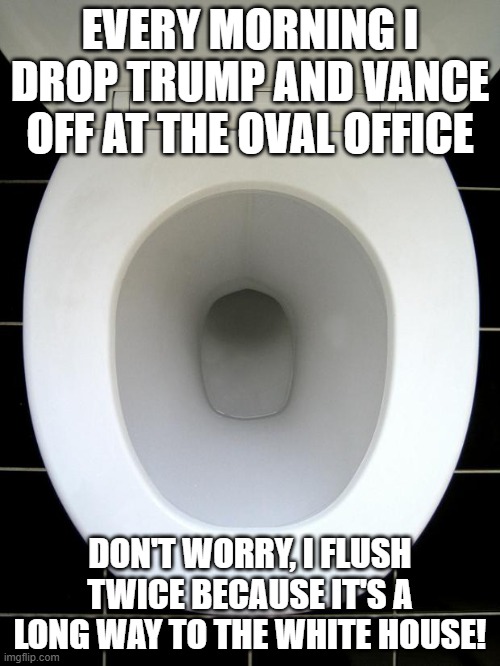 Oval Office | EVERY MORNING I DROP TRUMP AND VANCE OFF AT THE OVAL OFFICE; DON'T WORRY, I FLUSH TWICE BECAUSE IT'S A LONG WAY TO THE WHITE HOUSE! | image tagged in toilet,trump,white house | made w/ Imgflip meme maker