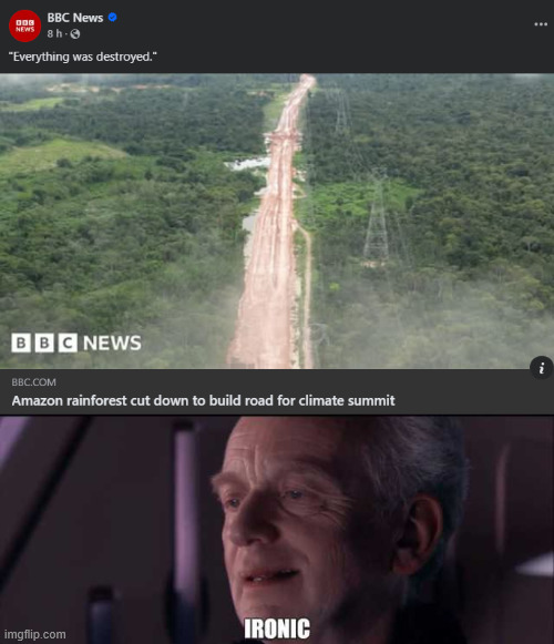 Road to climate change | image tagged in palpatine ironic,climate change,irony,amazon,rainforest | made w/ Imgflip meme maker