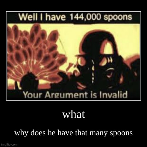 so many spoons | what | why does he have that many spoons | image tagged in funny,demotivationals,spoon,what,huh | made w/ Imgflip demotivational maker