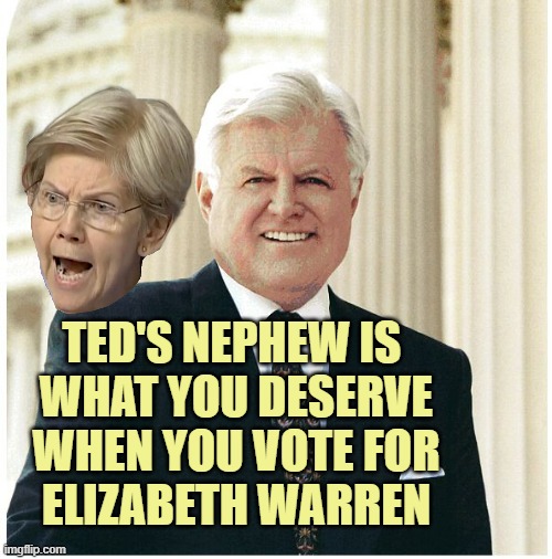 Ted Kennedy | TED'S NEPHEW IS 
WHAT YOU DESERVE
WHEN YOU VOTE FOR
ELIZABETH WARREN | image tagged in ted kennedy | made w/ Imgflip meme maker