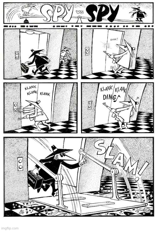 Spy Vs. Spy | image tagged in comics,spy vs spy,rifle,elevator,tools,slam | made w/ Imgflip meme maker