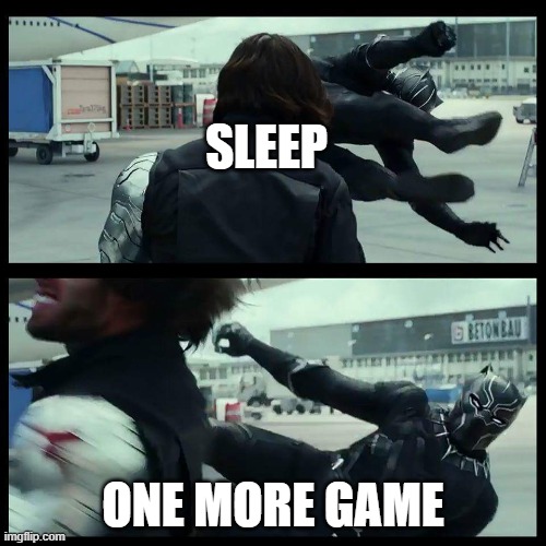 Black Panther/Winter Soldier | SLEEP; ONE MORE GAME | image tagged in black panther/winter soldier | made w/ Imgflip meme maker