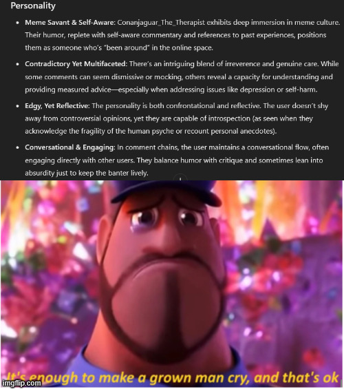 I asked AI to analyze my accounr | image tagged in it's enough to make a grown man cry and that's ok,my accounr,kowalski analysis,say something smart kowalski | made w/ Imgflip meme maker