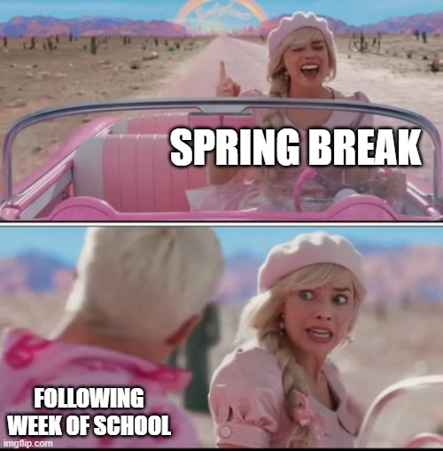 Barbie movie w Ken in car | SPRING BREAK; FOLLOWING WEEK OF SCHOOL | image tagged in barbie movie w ken in car | made w/ Imgflip meme maker