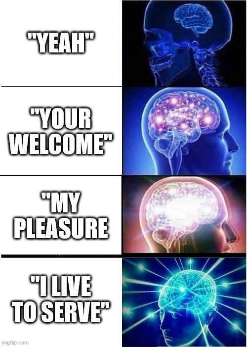 N/A | "YEAH"; "YOUR WELCOME"; "MY PLEASURE; "I LIVE TO SERVE" | image tagged in memes,expanding brain | made w/ Imgflip meme maker