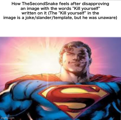 He must be stupid ngl | How TheSecondSnake feels after disapproving an image with the words "Kill yourself" written on it (The "Kill yourself" in the image is a joke/slander/template, but he was unaware) | image tagged in superman starman meme | made w/ Imgflip meme maker