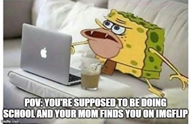 fr | POV: YOU'RE SUPPOSED TO BE DOING SCHOOL AND YOUR MOM FINDS YOU ON IMGFLIP | image tagged in spongegar computer | made w/ Imgflip meme maker