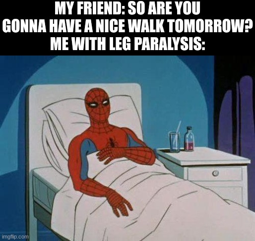 good joke, still disrespectful | MY FRIEND: SO ARE YOU GONNA HAVE A NICE WALK TOMORROW?
ME WITH LEG PARALYSIS: | image tagged in memes,spiderman hospital,spiderman | made w/ Imgflip meme maker