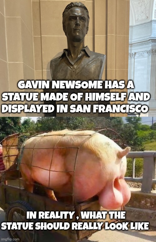 gavin Newsome meme | GAVIN NEWSOME HAS A STATUE MADE OF HIMSELF AND DISPLAYED IN SAN FRANCISCO; IN REALITY , WHAT THE STATUE SHOULD REALLY LOOK LIKE | image tagged in statue | made w/ Imgflip meme maker