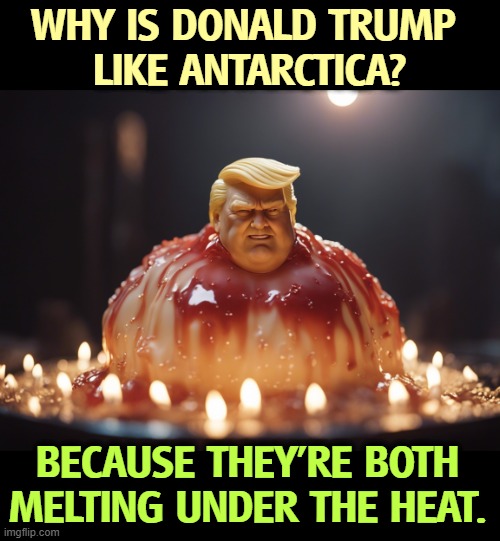 WHY IS DONALD TRUMP 
LIKE ANTARCTICA? BECAUSE THEY'RE BOTH MELTING UNDER THE HEAT. | image tagged in trump,antarctica,melting,heat | made w/ Imgflip meme maker