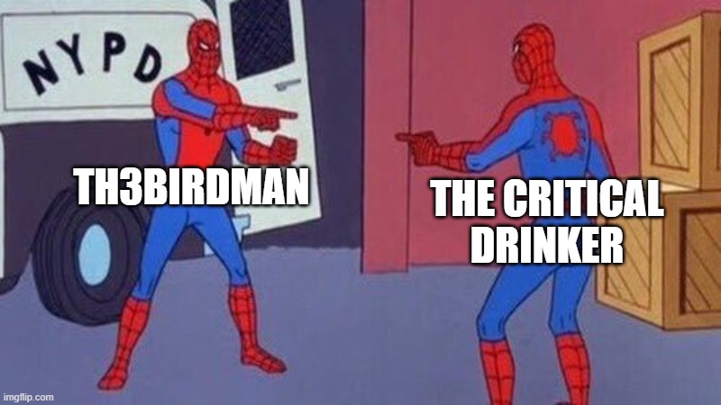 Pot calling kettle black? | TH3BIRDMAN; THE CRITICAL DRINKER | image tagged in spiderman pointing at spiderman,youtube,drama | made w/ Imgflip meme maker