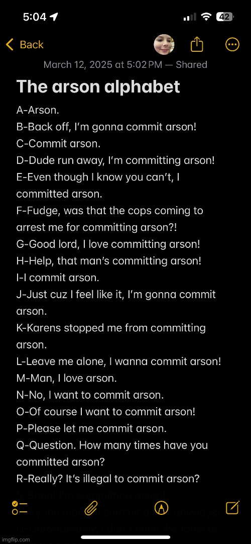 Aaron alphabet (I had a second screenshot but couldn’t but the entire thing together :( | image tagged in arson | made w/ Imgflip meme maker