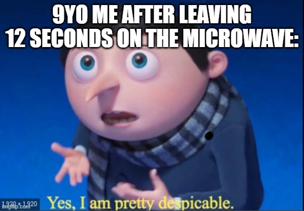 I still do it | 9YO ME AFTER LEAVING 12 SECONDS ON THE MICROWAVE: | image tagged in yes i am pretty despicable,microwave | made w/ Imgflip meme maker