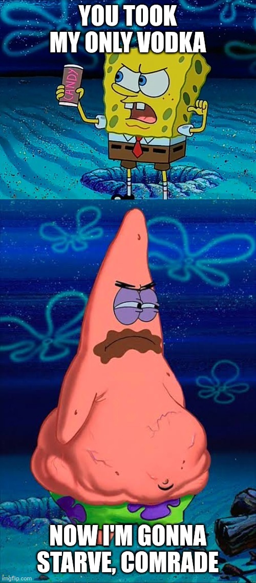 You took my only food Now I'm gonna starve Patrick | YOU TOOK MY ONLY VODKA; NOW I'M GONNA STARVE, COMRADE | image tagged in you took my only food now i'm gonna starve patrick,slavic lives matter | made w/ Imgflip meme maker