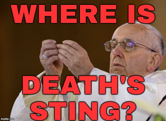 Where Is Death's Sting? | WHERE IS; DEATH'S
STING? | image tagged in pope holding,death,anti-religion,god religion universe,catholic church,pope francis | made w/ Imgflip meme maker