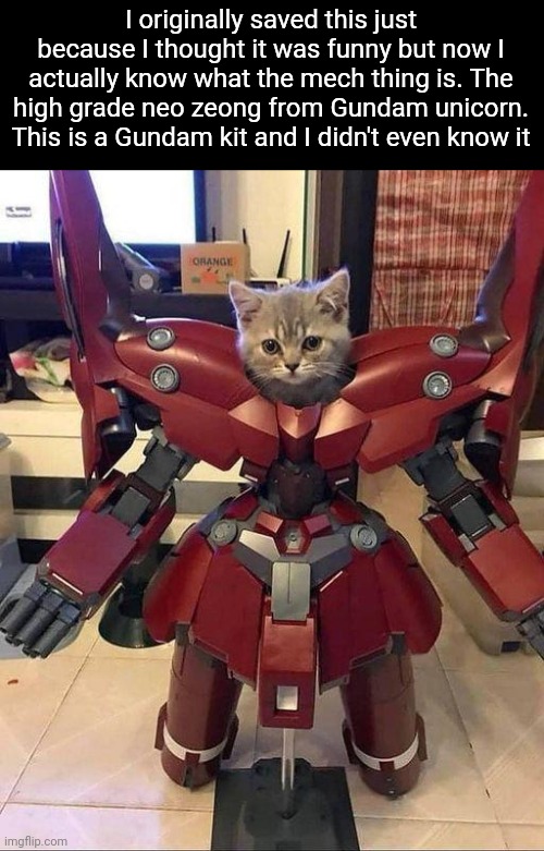 I originally saved this just because I thought it was funny but now I actually know what the mech thing is. The high grade neo zeong from Gundam unicorn. This is a Gundam kit and I didn't even know it | made w/ Imgflip meme maker