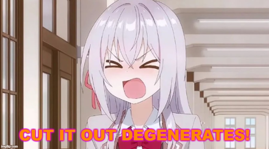 Alya yelling | CUT IT OUT DEGENERATES! | image tagged in alya yelling | made w/ Imgflip meme maker