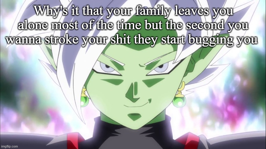 Zamasu | Why's it that your family leaves you alone most of the time but the second you wanna stroke your shit they start bugging you | image tagged in zamasu | made w/ Imgflip meme maker