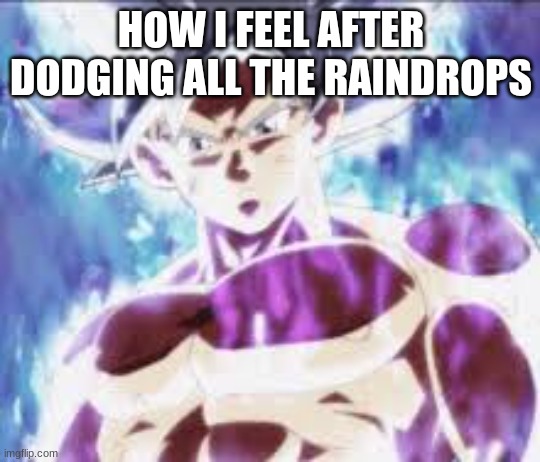 It falls on me I just don't feel it | HOW I FEEL AFTER DODGING ALL THE RAINDROPS | image tagged in goku mui | made w/ Imgflip meme maker