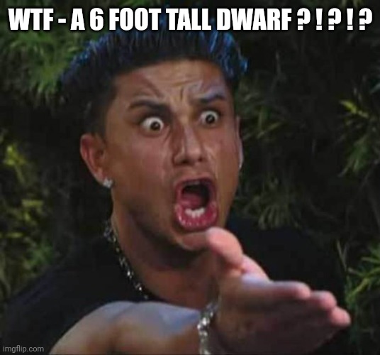 Jersey shore  | WTF - A 6 FOOT TALL DWARF ? ! ? ! ? | image tagged in jersey shore | made w/ Imgflip meme maker