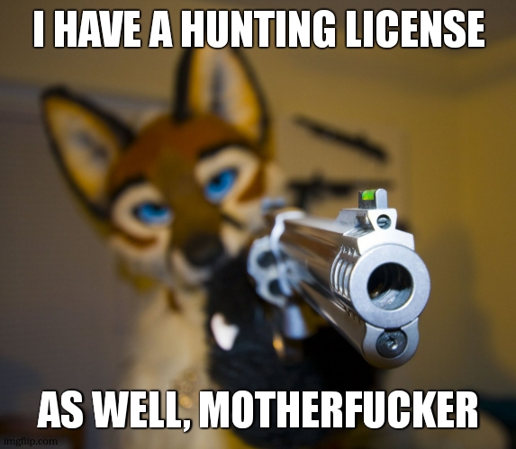 Furry with gun | I HAVE A HUNTING LICENSE AS WELL, MOTHERFUCKER | image tagged in furry with gun | made w/ Imgflip meme maker