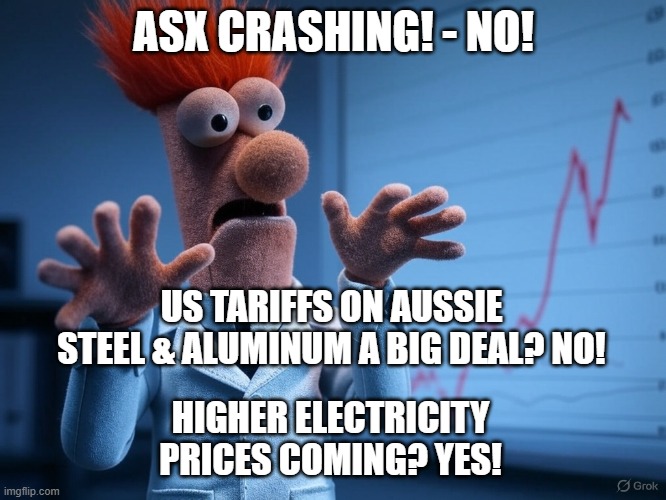 ANDIKA BULLETIN | ASX CRASHING! - NO! US TARIFFS ON AUSSIE STEEL & ALUMINUM A BIG DEAL? NO! HIGHER ELECTRICITY PRICES COMING? YES! | image tagged in beaker | made w/ Imgflip meme maker