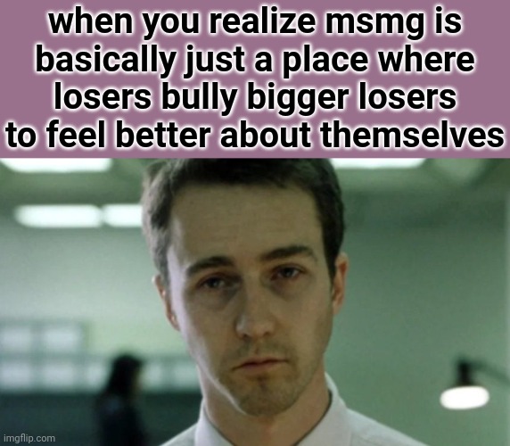 same with any online community of teenagers tbh | when you realize msmg is basically just a place where losers bully bigger losers to feel better about themselves | image tagged in i am jack's x | made w/ Imgflip meme maker