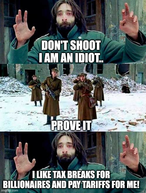 The proof | DON'T SHOOT I AM AN IDIOT.. PROVE IT; I LIKE TAX BREAKS FOR BILLIONAIRES AND PAY TARIFFS FOR ME! | image tagged in trump,trump supporter,maga,nevertrump,trump sucks,conservative | made w/ Imgflip meme maker