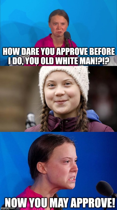 HOW DARE YOU APPROVE BEFORE I DO, YOU OLD WHITE MAN!?!? NOW YOU MAY APPROVE! | image tagged in how dare you - greta thunberg,greta happy,greta thunberg | made w/ Imgflip meme maker