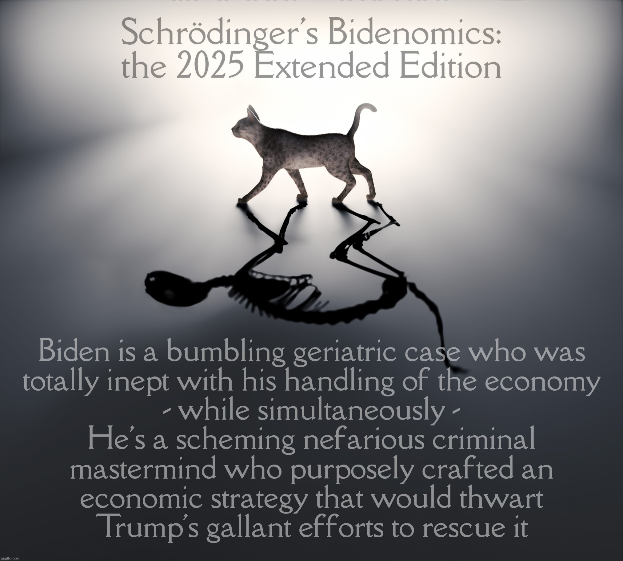 Schrodinger's Cat | Schrödinger's Bidenomics:
the 2025 Extended Edition; Biden is a bumbling geriatric case who was
totally inept with his handling of the economy
- while simultaneously -
He's a scheming nefarious criminal
mastermind who purposely crafted an
economic strategy that would thwart
Trump's gallant efforts to rescue it | image tagged in schrodinger's cat | made w/ Imgflip meme maker