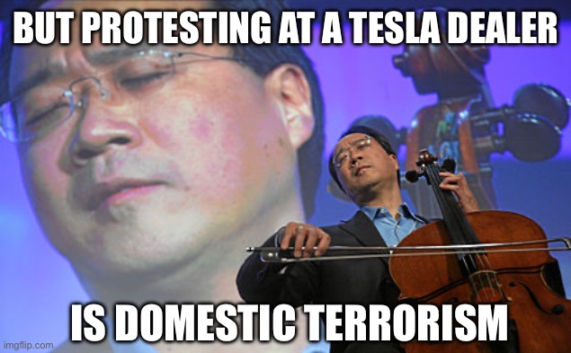 Chinese violin | BUT PROTESTING AT A TESLA DEALER IS DOMESTIC TERRORISM | image tagged in chinese violin | made w/ Imgflip meme maker