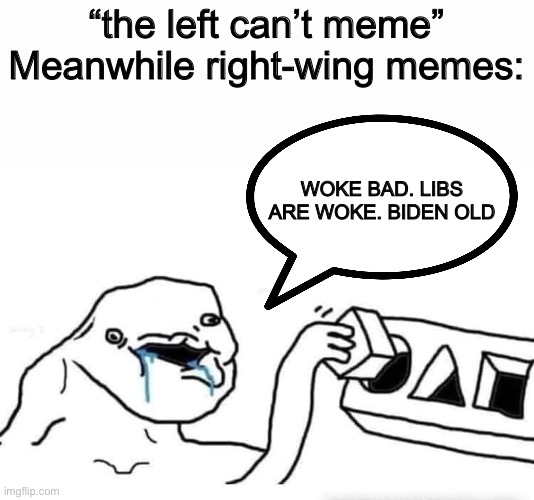 Drooling Puzzle | “the left can’t meme”

Meanwhile right-wing memes:; WOKE BAD. LIBS ARE WOKE. BIDEN OLD | made w/ Imgflip meme maker