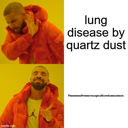 Pneumonoultramicroscopicsilicovolcanoconiosis | lung disease by quartz dust; Pneumonoultramicroscopicsilicovolcanoconiosis | image tagged in memes,drake hotline bling | made w/ Imgflip meme maker