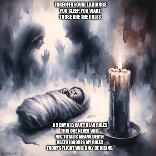 My first poem | TAKEOFFS EQUAL LANDINGS
YOU SLEEP, YOU WAKE 
THOSE ARE THE RULES; A 5 DAY OLD CAN’T READ RULES
THIS ONE NEVER WILL

NEC TOTALIS MEANS DEATH 
DEATH IGNORES MY RULES

TODAY’S FLIGHT WILL ONLY BE RISING | image tagged in angel of death | made w/ Imgflip meme maker