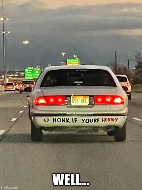 Honk | WELL… | image tagged in honk,car,horny | made w/ Imgflip meme maker