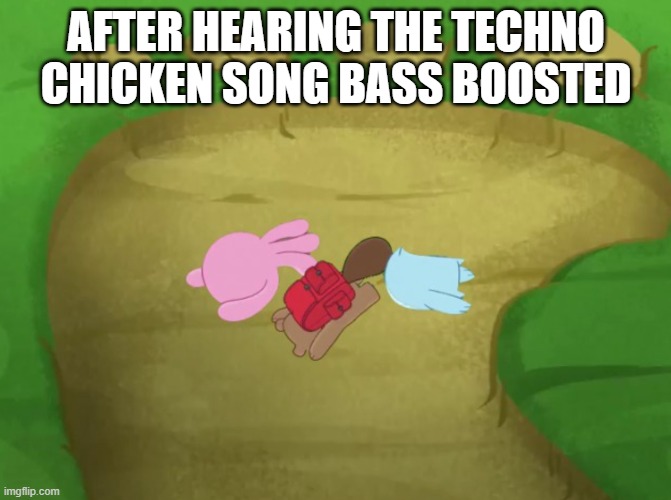 Techno Chicken bass boosted intesifies Luna, Chip and Inkie?! | AFTER HEARING THE TECHNO CHICKEN SONG BASS BOOSTED | image tagged in luna chip and inkie planted mushed | made w/ Imgflip meme maker