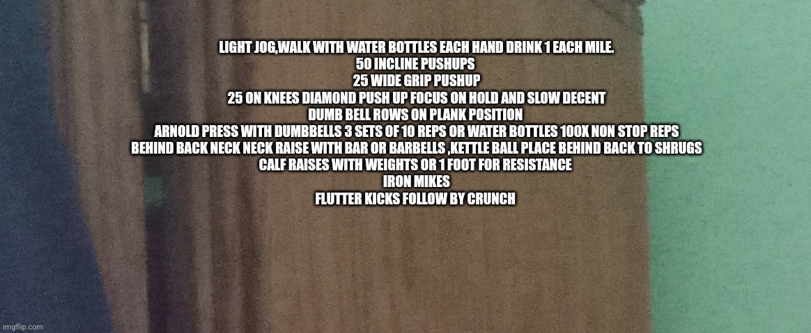 Reader's highgest: MAHA a plan to boost your spring time fitness | LIGHT JOG,WALK WITH WATER BOTTLES EACH HAND DRINK 1 EACH MILE.
50 INCLINE PUSHUPS 
25 WIDE GRIP PUSHUP
25 ON KNEES DIAMOND PUSH UP FOCUS ON HOLD AND SLOW DECENT
DUMB BELL ROWS ON PLANK POSITION 
ARNOLD PRESS WITH DUMBBELLS 3 SETS OF 10 REPS OR WATER BOTTLES 100X NON STOP REPS
BEHIND BACK NECK NECK RAISE WITH BAR OR BARBELLS ,KETTLE BALL PLACE BEHIND BACK TO SHRUGS
CALF RAISES WITH WEIGHTS OR 1 FOOT FOR RESISTANCE 
IRON MIKES
FLUTTER KICKS FOLLOW BY CRUNCH | image tagged in spring,wtf,yes,free | made w/ Imgflip meme maker