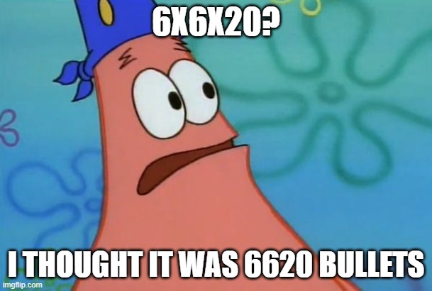 East? I thought you said Weast. | 6X6X20? I THOUGHT IT WAS 6620 BULLETS | image tagged in east i thought you said weast | made w/ Imgflip meme maker