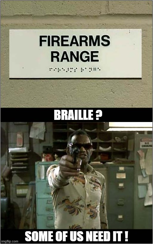 Would You Go In There ? | BRAILLE ? SOME OF US NEED IT ! | image tagged in firearms,braille,ray charles,dark humour | made w/ Imgflip meme maker