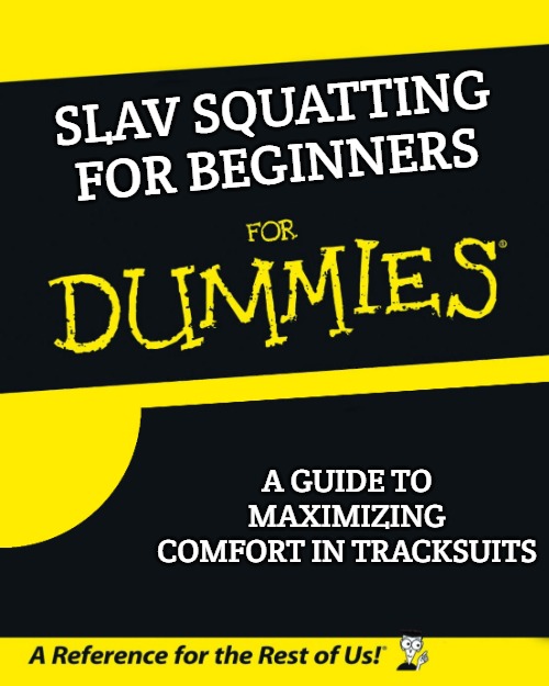 For Dummies | SLAV SQUATTING FOR BEGINNERS; A GUIDE TO MAXIMIZING COMFORT IN TRACKSUITS | image tagged in for dummies,slavic squats | made w/ Imgflip meme maker
